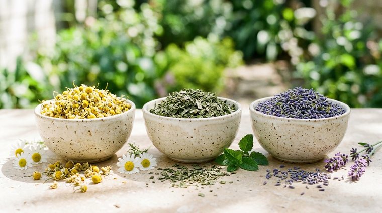 Dried Herbs in ceramic bowls
