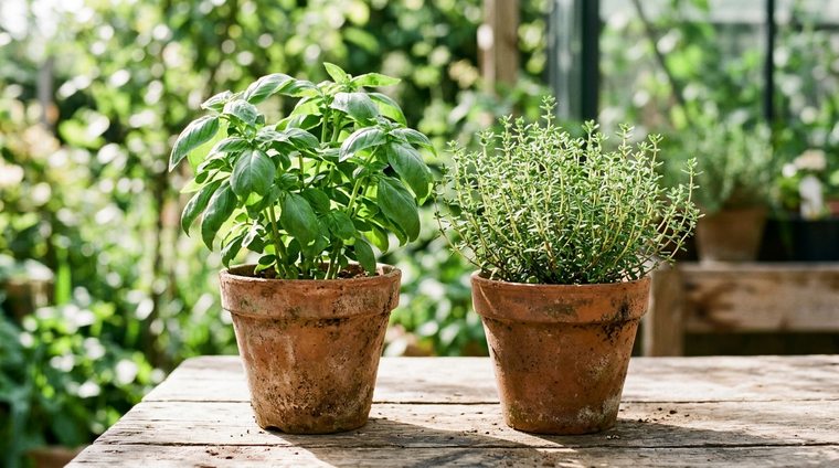 Fresh potted basil and thyme in terracotta